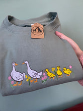 Load image into Gallery viewer, Floral Runner Duck Embroidered Sweatshirt - colourful sweatshirt for bird lovers