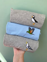Load image into Gallery viewer, Bird Embroidered Sweatshirt- Pigeon, Kingfisher, Swan, Goose, Duck, Blue tit, Robin, Seagull, Flamingo, Puffin, Swan, Hummingbird. Bird Embroidery for bird lovers and twitchers.