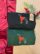 Load image into Gallery viewer, Christmas dog jumper breed sweatshirt- our silhouette dog designs have been christmafied!! Festive sweatshirt for dog lovers.