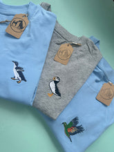 Load image into Gallery viewer, Bird Embroidered T-Shirt - Pigeon, Kingfisher, Swan, Goose, Duck, Blue tit, Robin, Seagull, Flamingo, Puffin, Swan, Hummingbird, Running duck, Kea, Little Blue penguin. Bird Embroidery for bird lovers and twitchers.