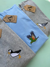 Load image into Gallery viewer, Bird Embroidered T-Shirt - Pigeon, Kingfisher, Swan, Goose, Duck, Blue tit, Robin, Seagull, Flamingo, Puffin, Swan, Hummingbird, Running duck, Kea, Little Blue penguin. Bird Embroidery for bird lovers and twitchers.