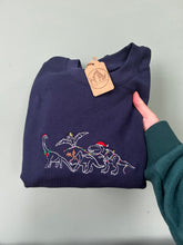Load image into Gallery viewer, Embroidered Christmas Dinosaurs Sweatshirt- T-Rex, Triceratops, Diplodocus, Pterodactyl