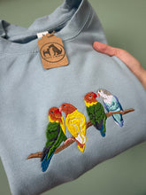 Load image into Gallery viewer, Embroidered Lovebird Sweatshirt - colourful sweatshirt for parrot owners and lovers