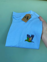 Load image into Gallery viewer, Bird Embroidered T-Shirt - Pigeon, Kingfisher, Swan, Goose, Duck, Blue tit, Robin, Seagull, Flamingo, Puffin, Swan, Hummingbird, Running duck, Kea, Little Blue penguin. Bird Embroidery for bird lovers and twitchers.
