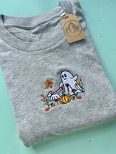 Load image into Gallery viewer, Autumn Ghost Dog T-Shirt - Embroidered tee for Halloween and cosy season.