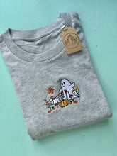 Load image into Gallery viewer, Autumn Ghost Dog T-Shirt - Embroidered tee for Halloween and cosy season.