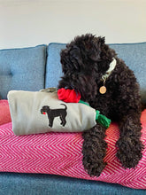 Load image into Gallery viewer, green jumper with black kerry blue embroidered holding a red rose, laid next to a black kerry blue dog with a red rose toy.