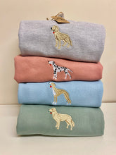 Load image into Gallery viewer, stack of four jumpers with full colour embroidered dogs on. top beige cocker spaniel on grey sweatshirt, Dalmatian on dusty pink sweater, beige sighthound on sky blue, golden retriever on dusty green. all with red rose in their mouths.