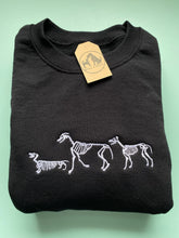 Load image into Gallery viewer, Embroidered Dog Skeleton Sweatshirt/ t-shirt for dog lovers and spooky witches ready for Halloween