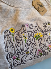 Load image into Gallery viewer, Spring Dogs Sweatshirt- dog outline, flowers, butterfly and bees embroidered sweatshirt for dog lovers
