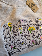 Load image into Gallery viewer, Spring Dogs Sweatshirt- dog outline, flowers, butterfly and bees embroidered sweatshirt for dog lovers