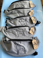 Load image into Gallery viewer, Custom Dog Walking Bum Bag- breed silhouette recycled embroidered waist pack. The perfect gift for dog parents, dog walkers and dog groomers