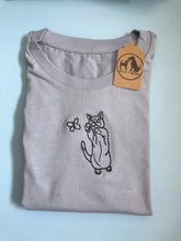 Load image into Gallery viewer, Cat and butterfly Organic T-shirt- Gifts for cat lovers and owners.