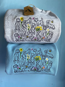 Spring Dogs Sweatshirt- dog outline, flowers, butterfly and bees embroidered sweatshirt for dog lovers