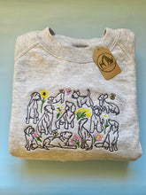 Load image into Gallery viewer, Spring Dogs Sweatshirt- dog outline, flowers, butterfly and bees embroidered sweatshirt for dog lovers