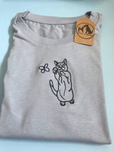 Load image into Gallery viewer, Cat and butterfly Organic T-shirt- Gifts for cat lovers and owners.
