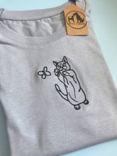 Load image into Gallery viewer, Cat and butterfly Organic T-shirt- Gifts for cat lovers and owners.