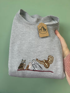 Embroidered Owl Sweatshirt - Barn Owl, Snowy Owl, Horned Owl, Tawny Owl