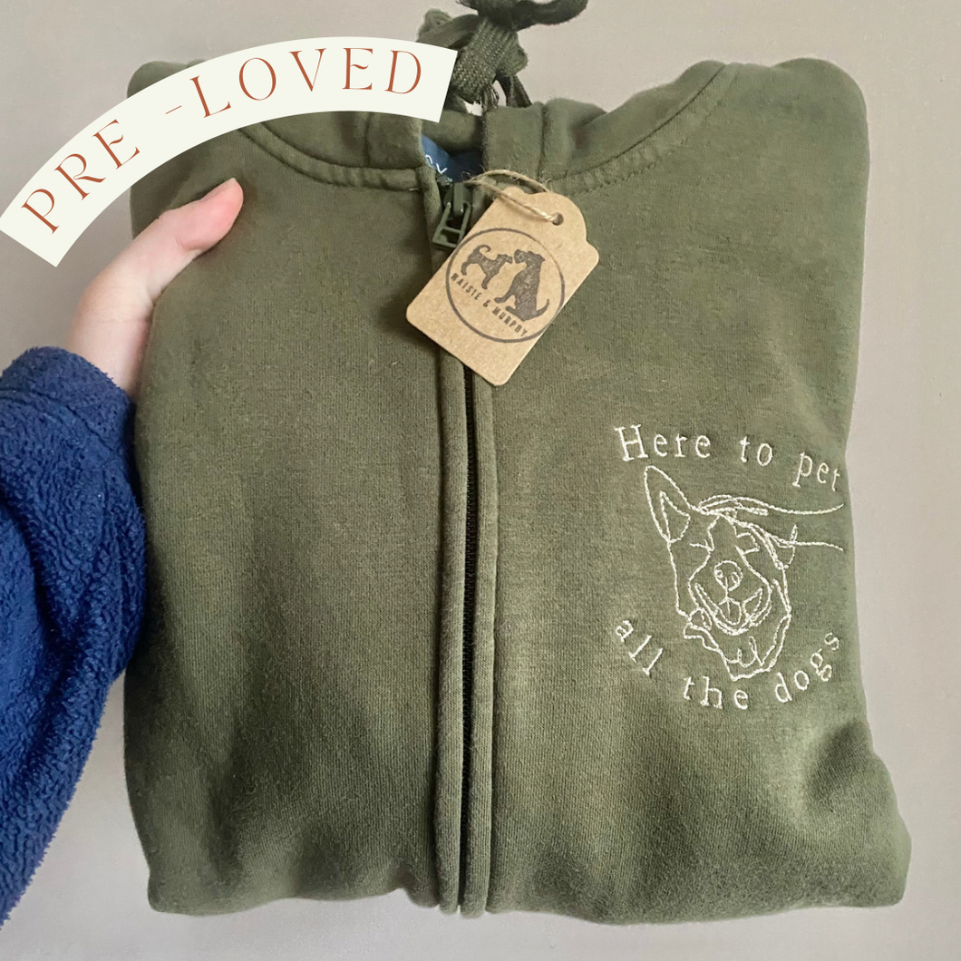 PRE-LOVED ‘here to pet all the dogs’ khaki full zip hoodie