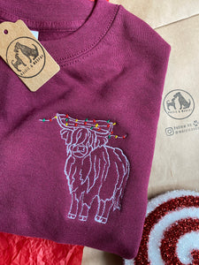 Christmas Highland Cow  Embroidered Sweatshirt- Xmas Jumper for Animal Lovers