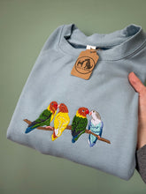 Load image into Gallery viewer, Embroidered Lovebird Sweatshirt - colourful sweatshirt for parrot owners and lovers
