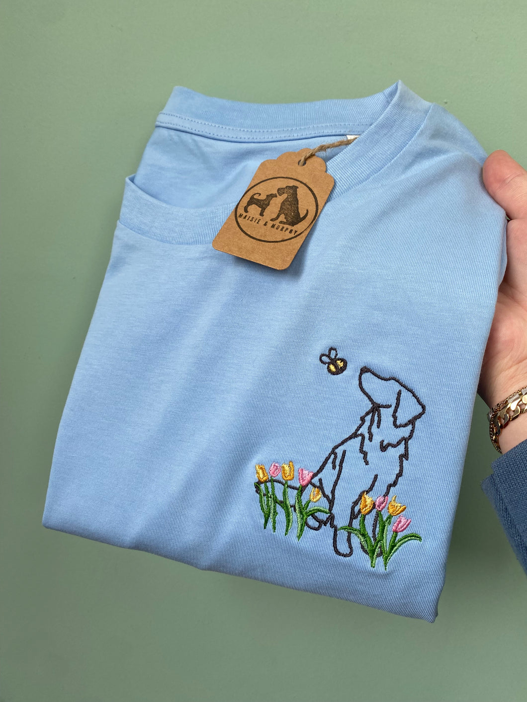 Dogs Colourful Tulips T-Shirt- Various Breeds- Embroidered tee for dog lovers