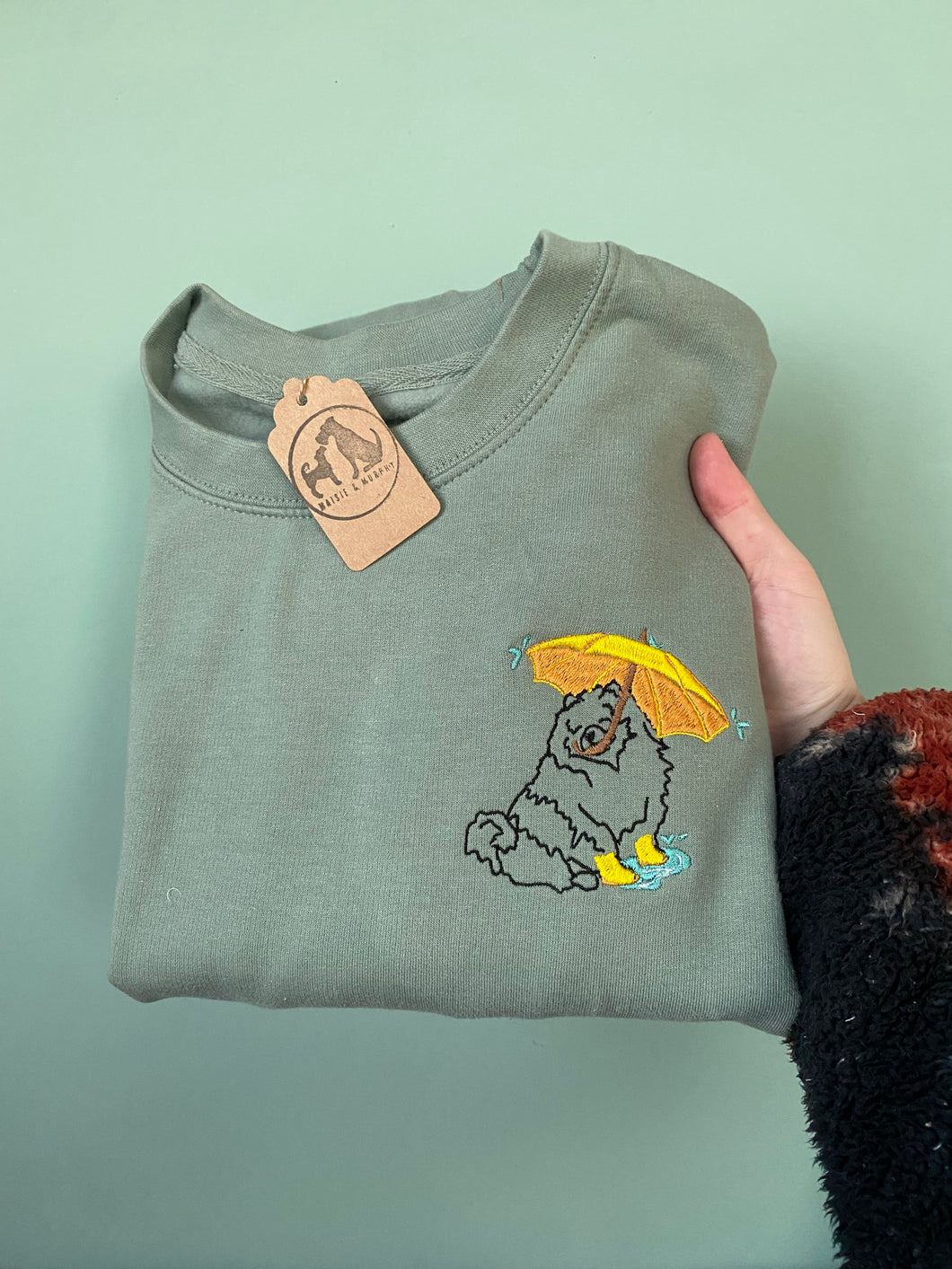 Rainy Day Pomeranian Sweatshirt - Dusty Green / M