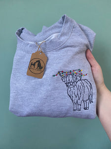 Christmas Highland Cow  Embroidered Sweatshirt- Xmas Jumper for Animal Lovers