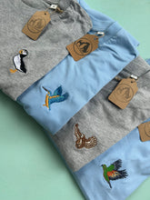 Load image into Gallery viewer, Bird Embroidered T-Shirt - Pigeon, Kingfisher, Swan, Goose, Duck, Blue tit, Robin, Seagull, Flamingo, Puffin, Swan, Hummingbird, Running duck, Kea, Little Blue penguin. Bird Embroidery for bird lovers and twitchers.
