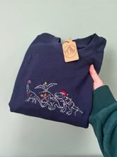 Load image into Gallery viewer, Embroidered Christmas Dinosaurs Sweatshirt- T-Rex, Triceratops, Diplodocus, Pterodactyl
