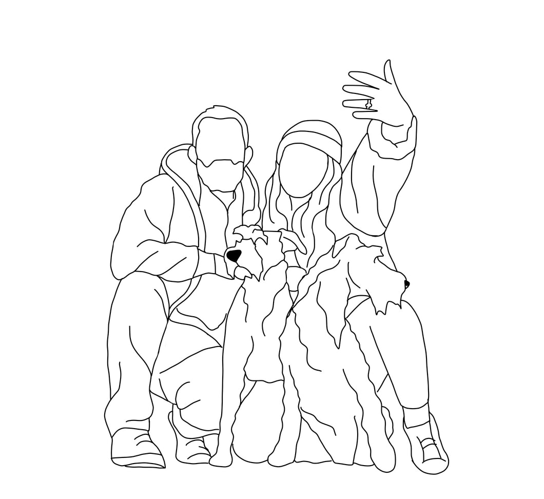 Digital Line Drawing Family / Friends Portrait - People and Pets