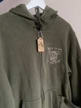 Load image into Gallery viewer, PRE-LOVED ‘here to pet all the dogs’ khaki full zip hoodie
