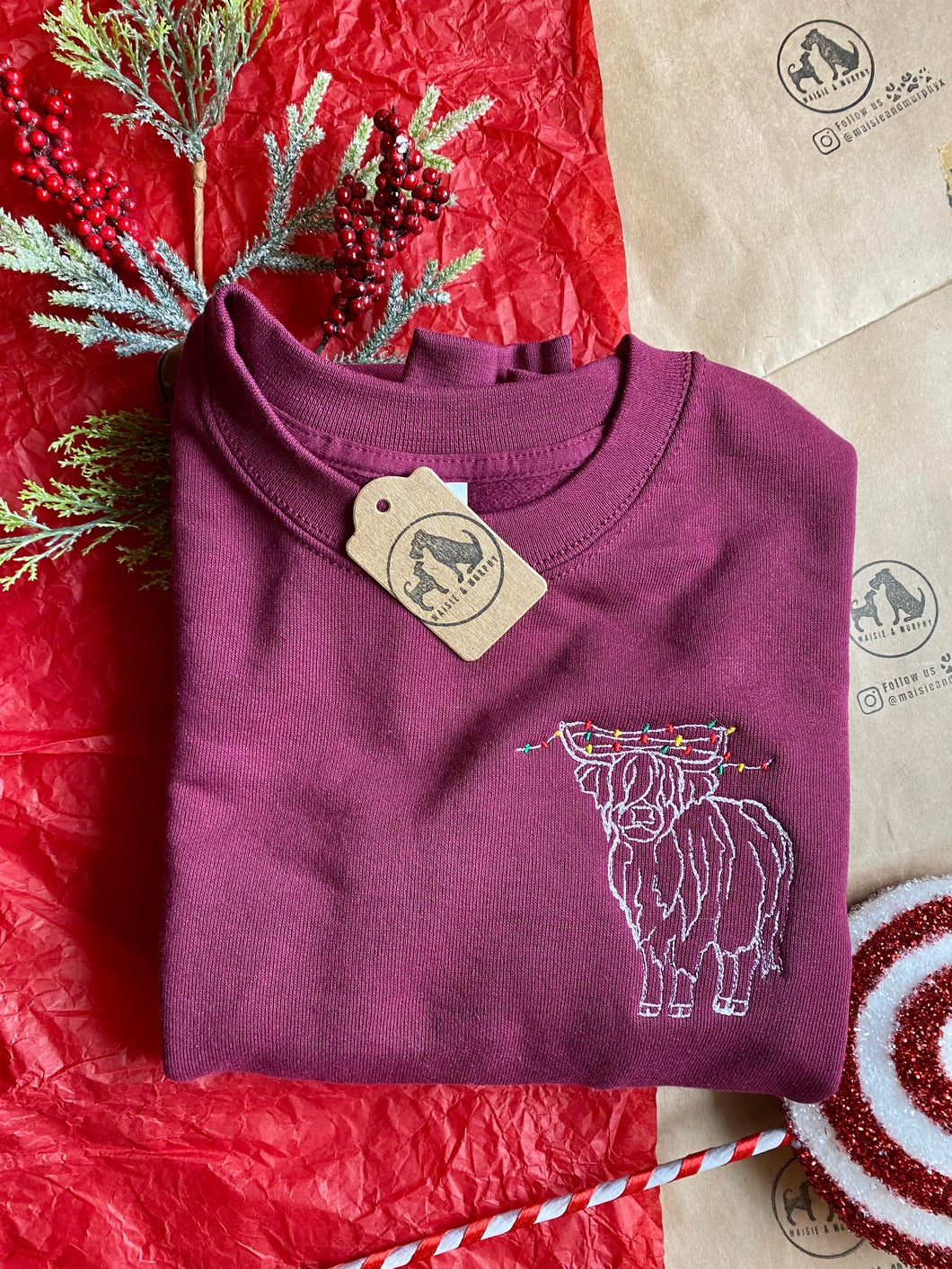 Christmas Highland Cow  Embroidered Sweatshirt- Xmas Jumper for Animal Lovers