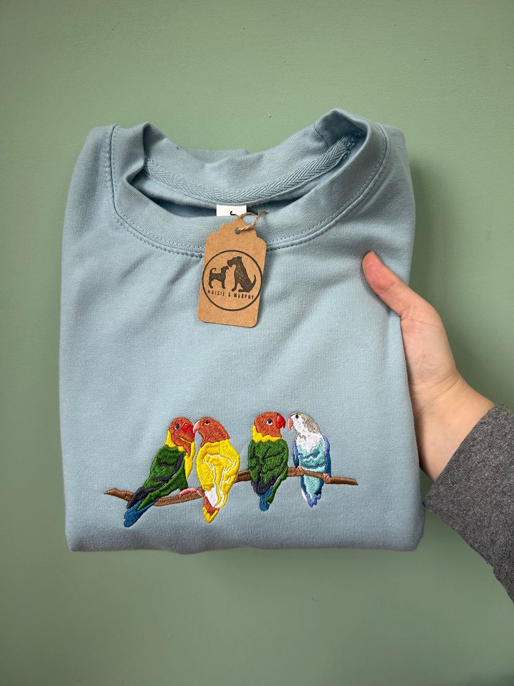 Embroidered Lovebird Sweatshirt - colourful sweatshirt for parrot owners and lovers