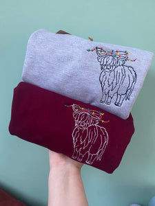 Christmas Highland Cow  Embroidered Sweatshirt- Xmas Jumper for Animal Lovers