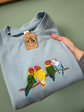 Load image into Gallery viewer, Embroidered Lovebird Sweatshirt - colourful sweatshirt for parrot owners and lovers
