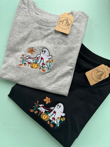 Autumn Ghost Dog T-Shirt - Embroidered tee for Halloween and cosy season.