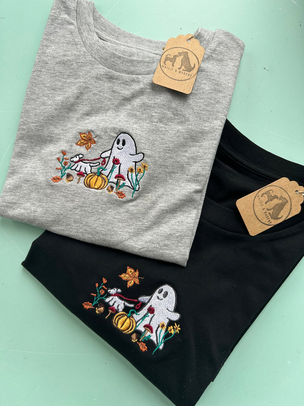 Autumn Ghost Dog T-Shirt - Embroidered tee for Halloween and cosy season.