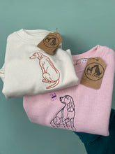 Load image into Gallery viewer, a small baby sweatshirt in beige with a Rhodesian ridgeback embroidered and a pink jumper with a springer spaniel and pink butterfly against a green backgroud
