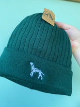 Load image into Gallery viewer, Green beanie with a spotted dalmatian and tag on a light blue background
