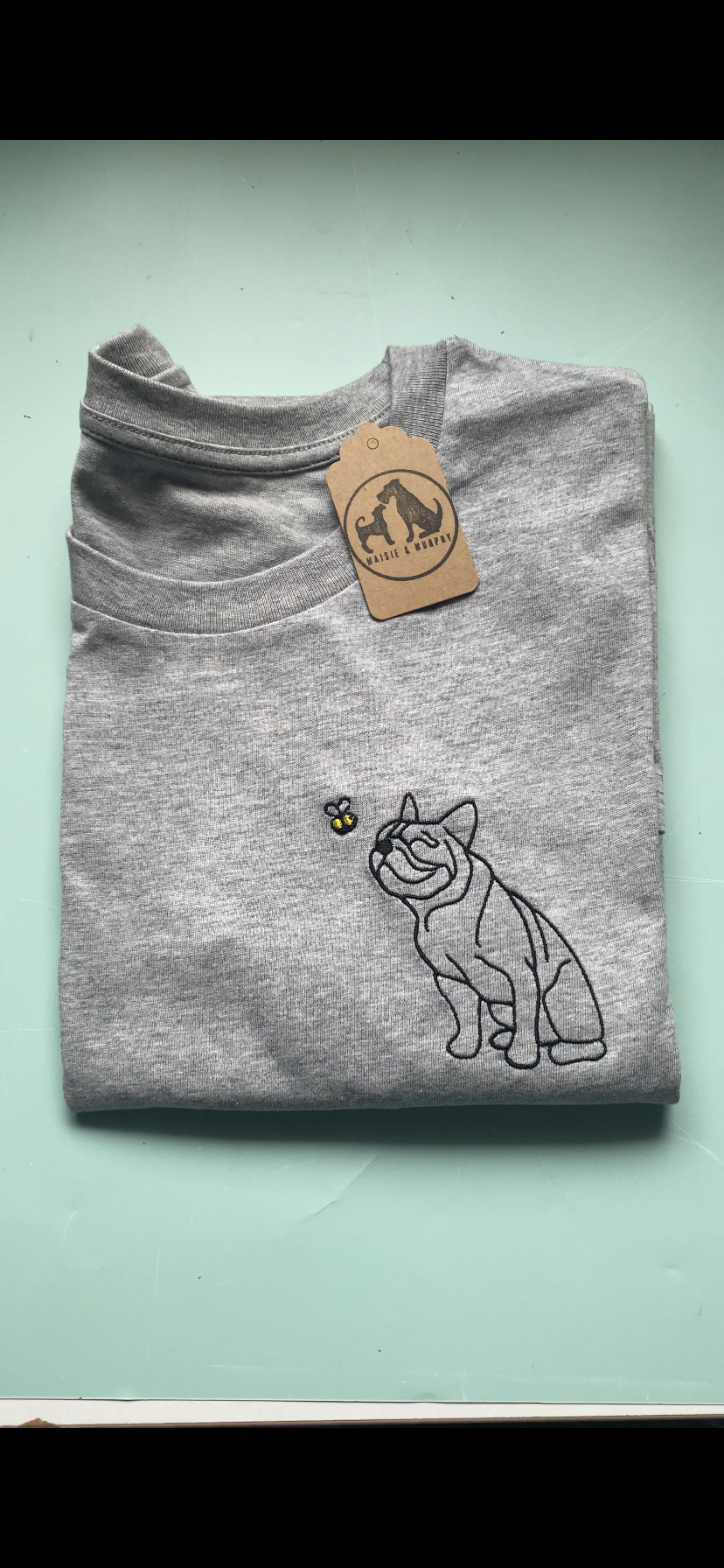Frenchie Outline T-shirt - embroidered french bulldog organic tee for dog lovers and owners